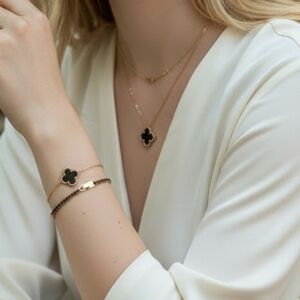 KITSUNE Unisex Gold Frame Onyx Clover and Tennis Bracelet Set ~ NIB